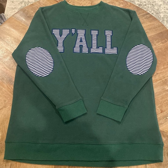 Marleylilly Green “Y’all” Sweatshirt Stripe Letters + Elbow Patches [L-XL] - Picture 1 of 9